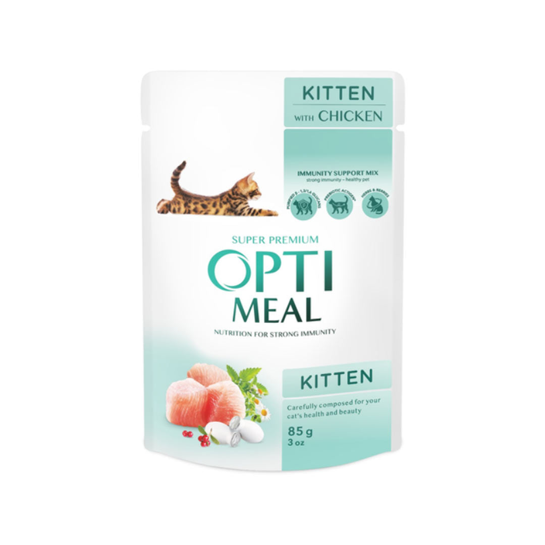 غذای گربه مرطوب Optimeal Kitten با تکه های گوشت مرغ در سس 85 گرم
