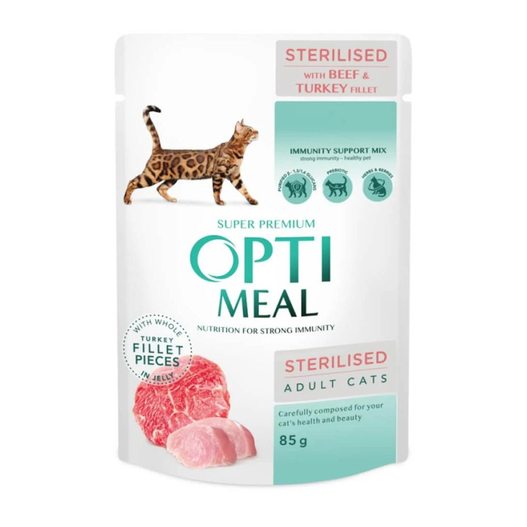 غذای مرطوب گربه عقیم شده بدون غلات OptiMeal با گوشت گاو و سس بوقلمون 85 گرم