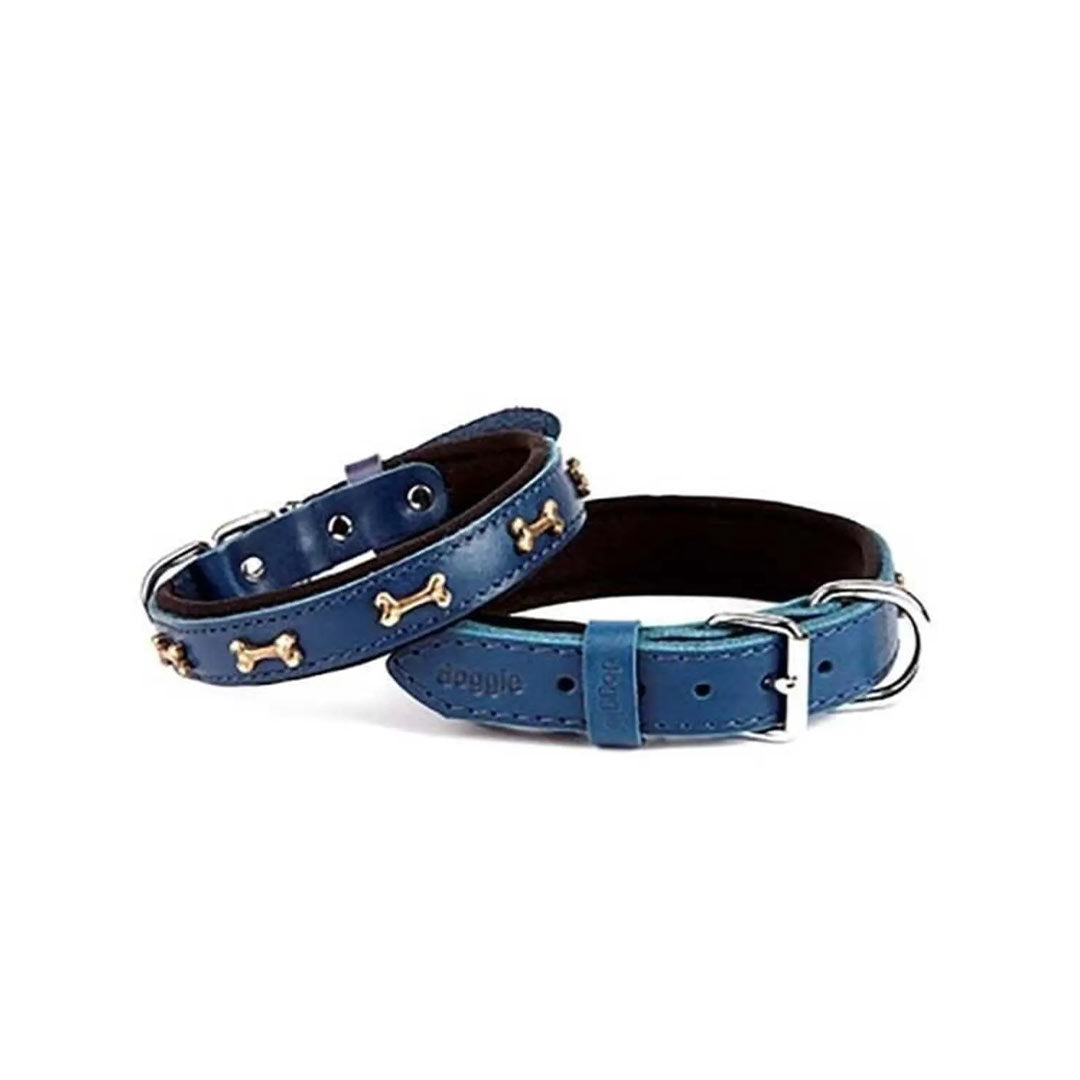 Doggie Konforlu Gerçek Deriden El Yapımı Kemik Süslü Royal Mavi Köpek Boyun Tasması 2x35-40cm