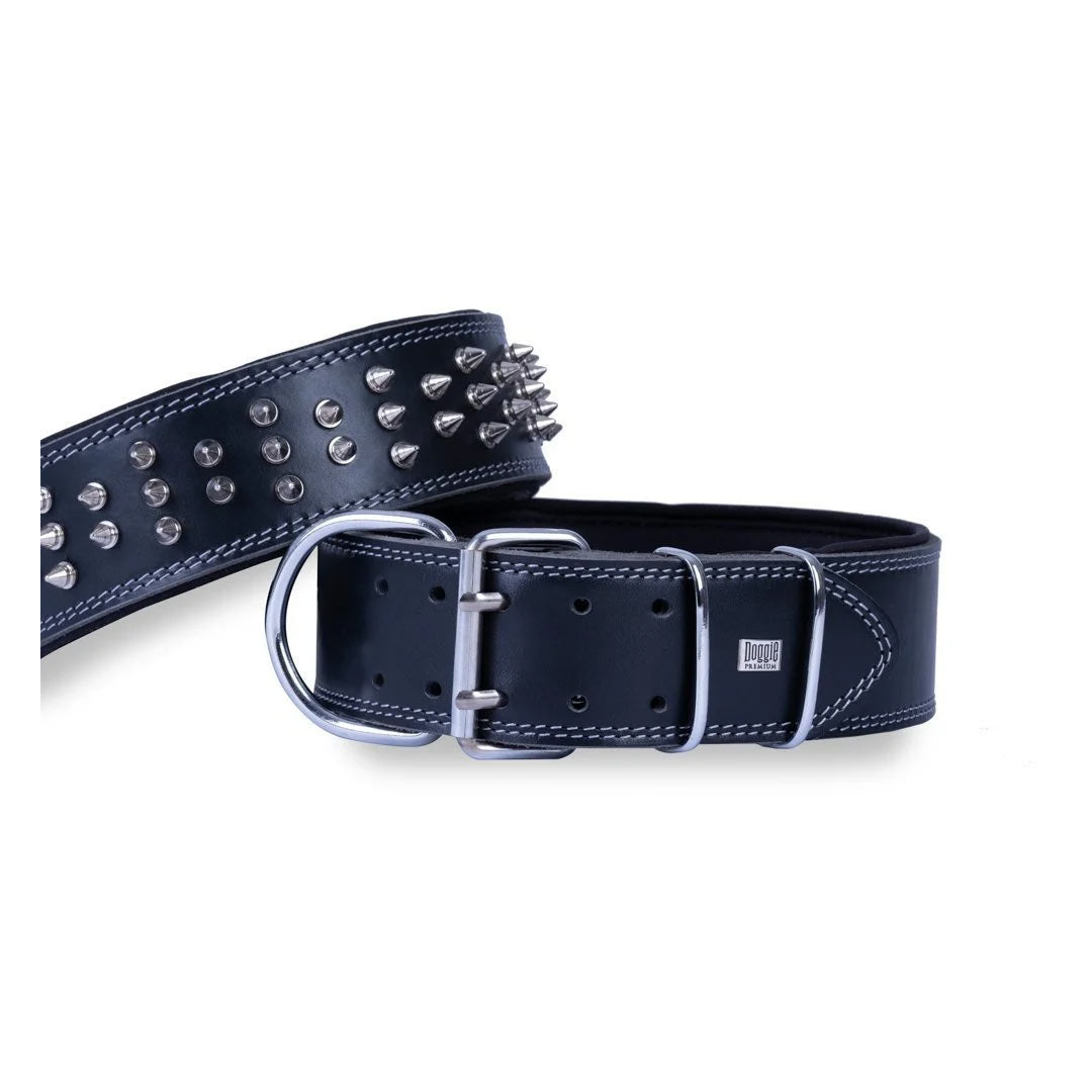 Doggie Çift Kat Gerçek Deriden El Yapımı Çivili Siyah Köpek Boyun Tasması 6x55-65cm