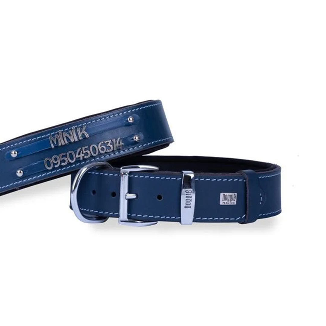Doggie Konfor Deri Çift İsimlikli Royal Mavi Köpek Boyun Tasması Medium 4x52 60 Cm