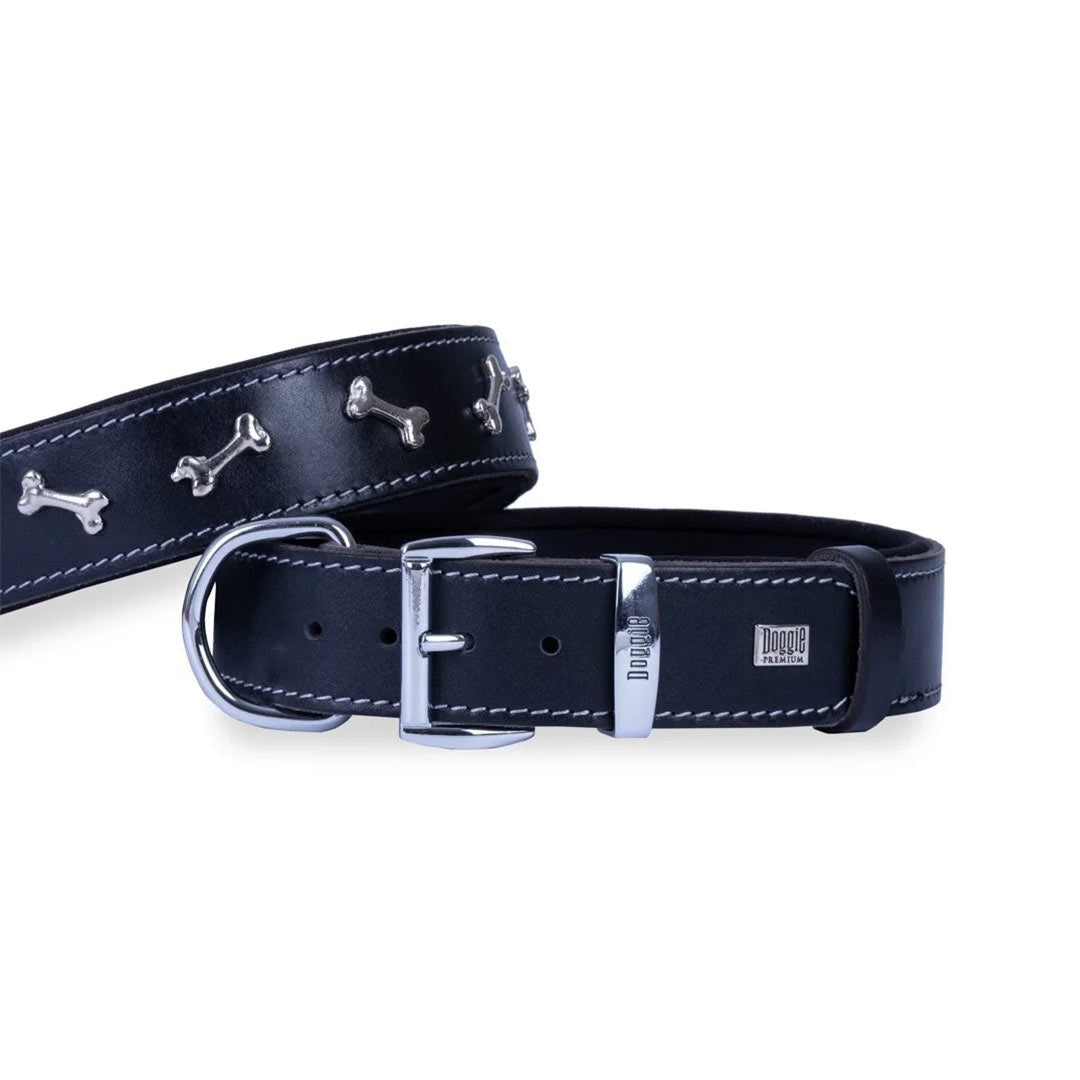 Doggie Konforlu Gerçek Deriden El Yapımı Kemik Süslü Royal Mavi Köpek Boyun Tasması 4x57-65cm