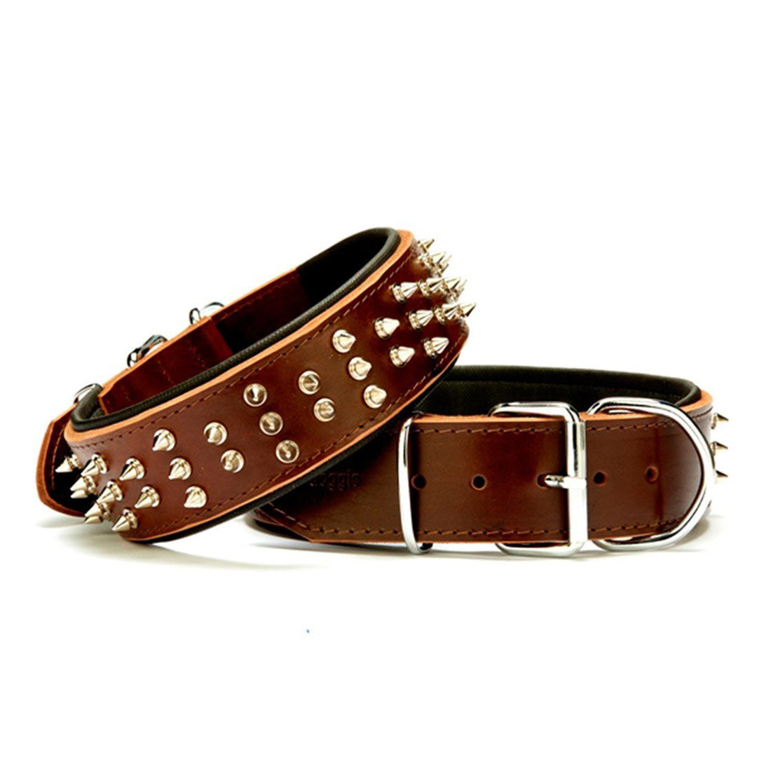 Doggie Çift Kat Gerçek Deriden El Yapımı Çivili Kahverengi Köpek Boyun Tasması, 5x55-65 Cm