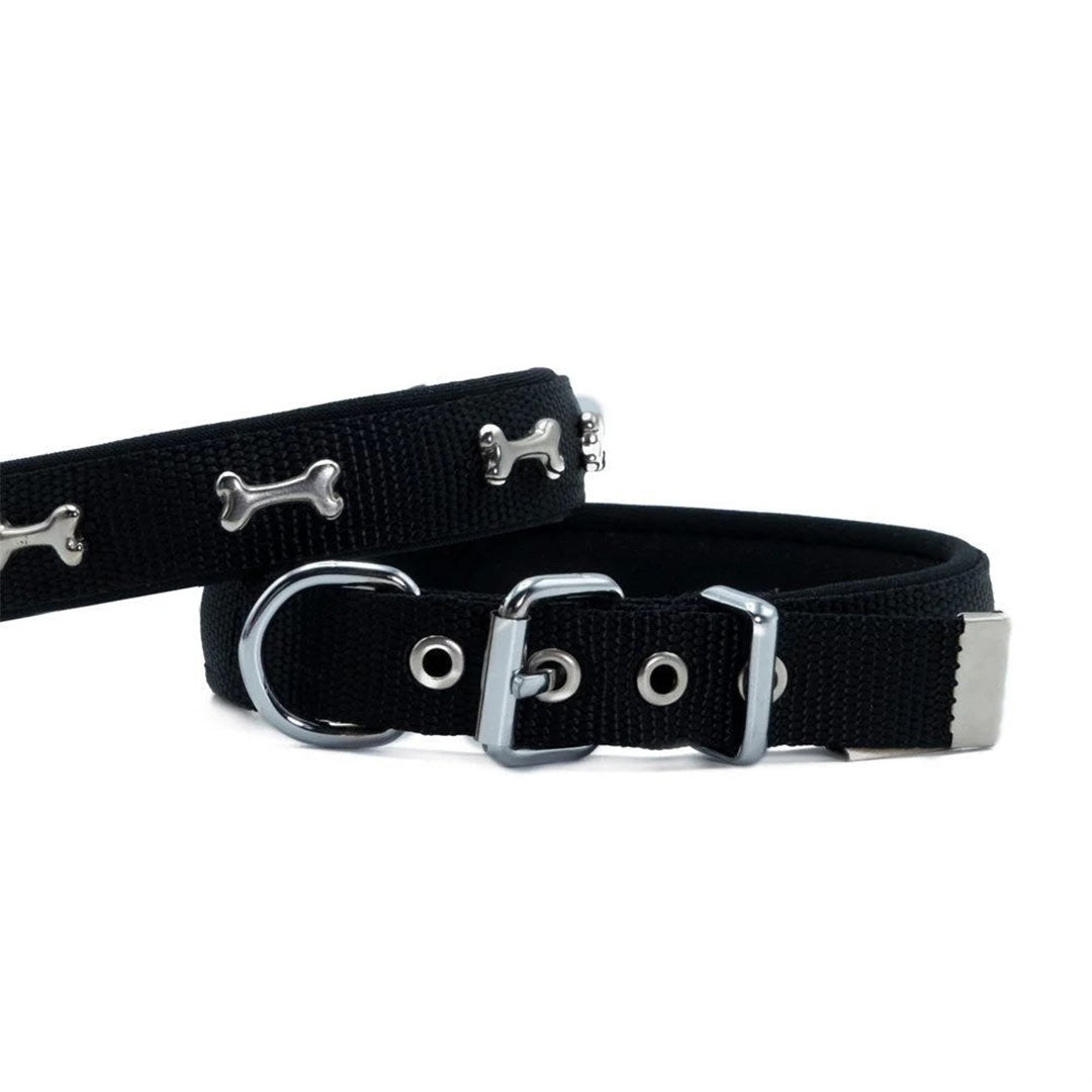 Doggie Comfortable Woven Handmade Bone Decorated Black Dog Collar 2x35-40cm