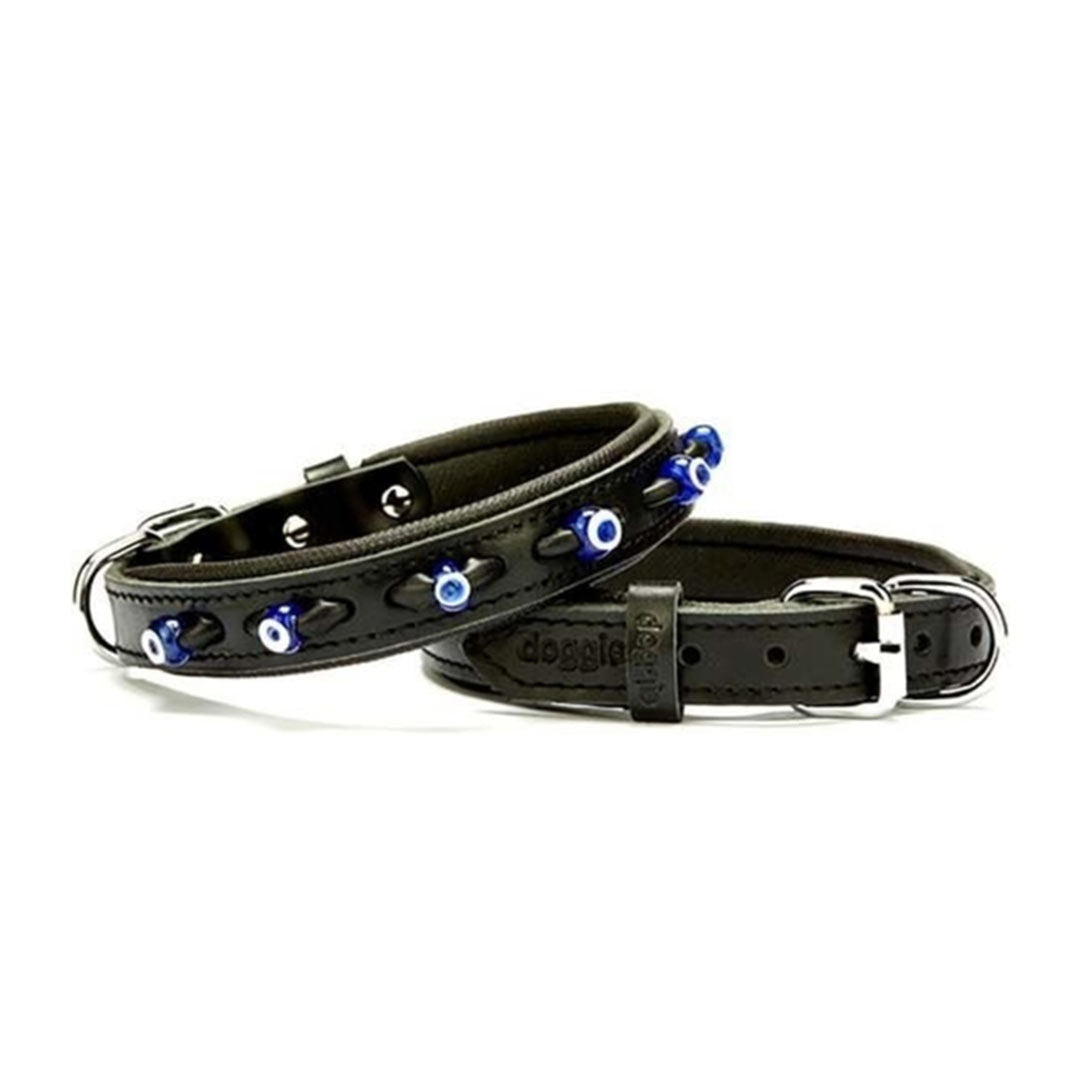 Doggie Comfortable Genuine Leather Handmade Evil Eye Beaded Black Dog Collar 2x30-35 Cm