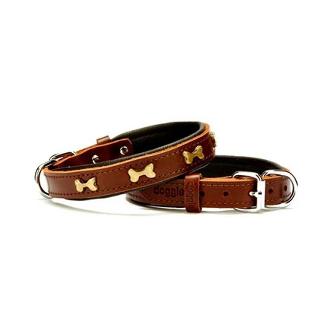 Doggie Comfort Real Leather Handmade Bone Embellished Brown Dog Collar 3x42-50cm