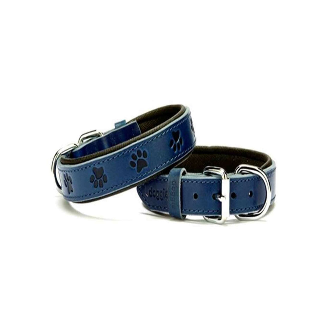 Doggie Konforlu Gerçek Deriden El Yapımı Pati Desenli Royal Mavi Köpek Boyun Tasması 3x42-50Cm