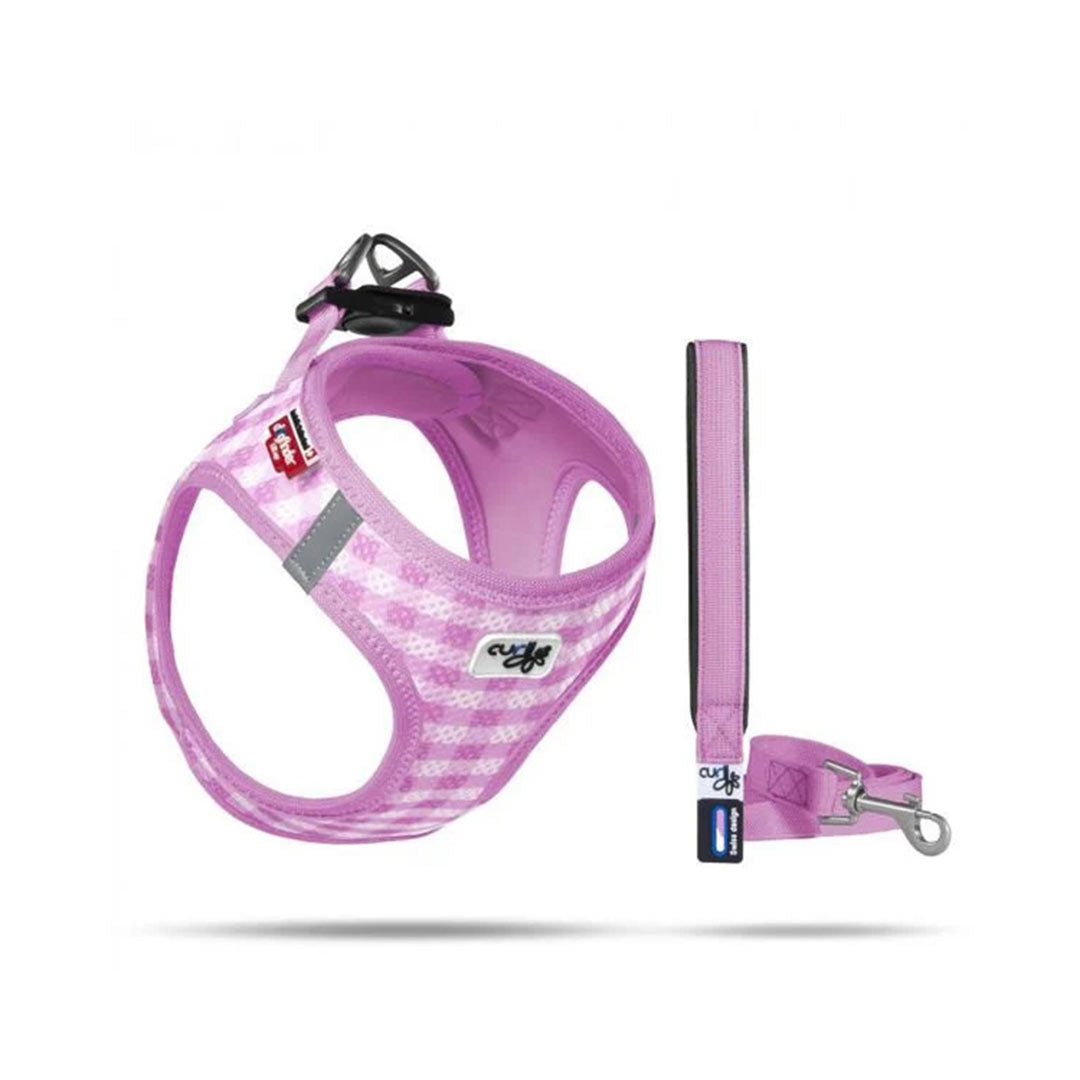 Curli Vest Air-Mesh Pembe Ekose Köpek Göğüs Tasması 2XS