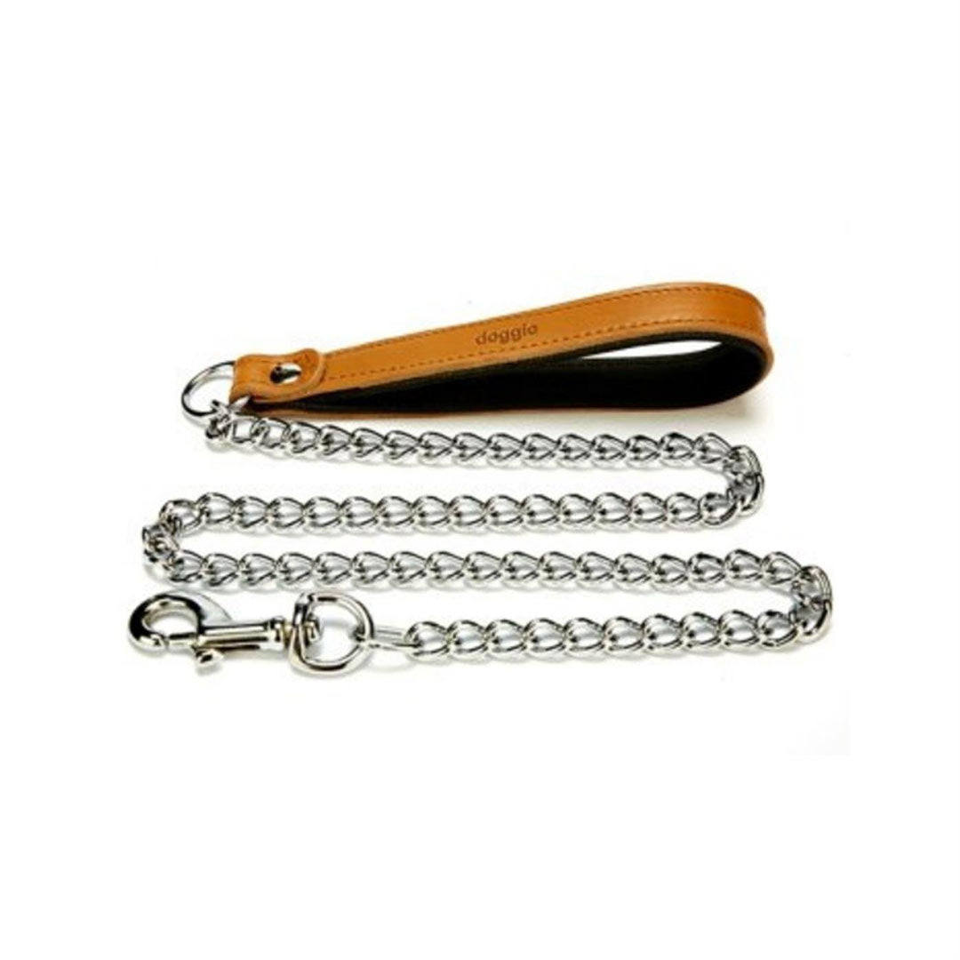 Doggie Konforlu Gerçek Deriden El Yapımı Zincirli Kamel Köpek Gezdirme Kayışı 3,5x110cm