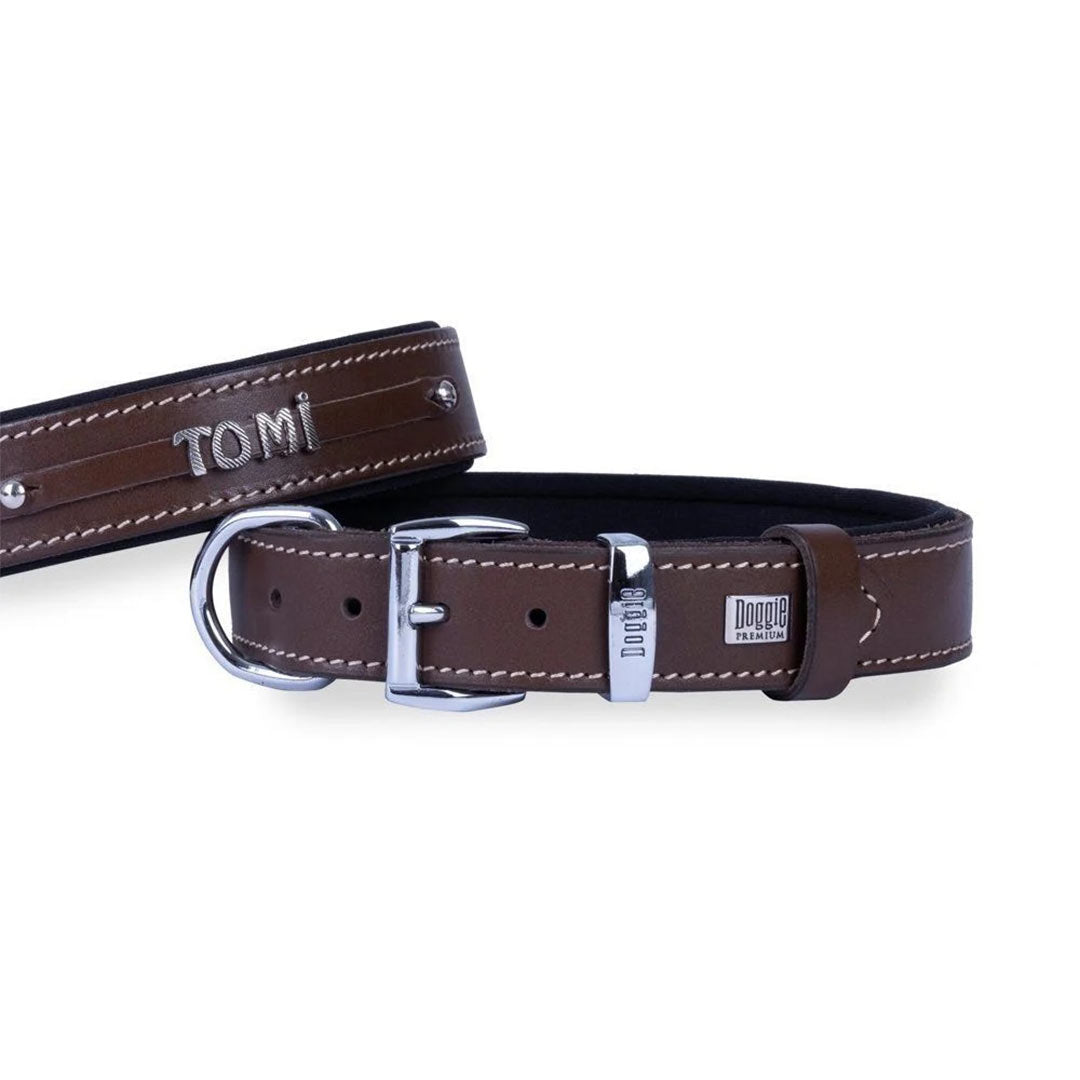 Doggie Konfor Deri İsimlikli Kahverengi Köpek Boyun Tasması 3,5x47-55Cm