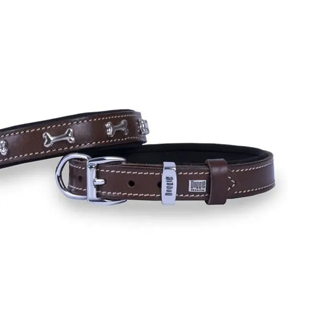 Doggie Konforlu Gerçek Deriden El Yapımı Kemik Süslü Kahverengi Köpek Boyun Tasması 2x30-35 Cm