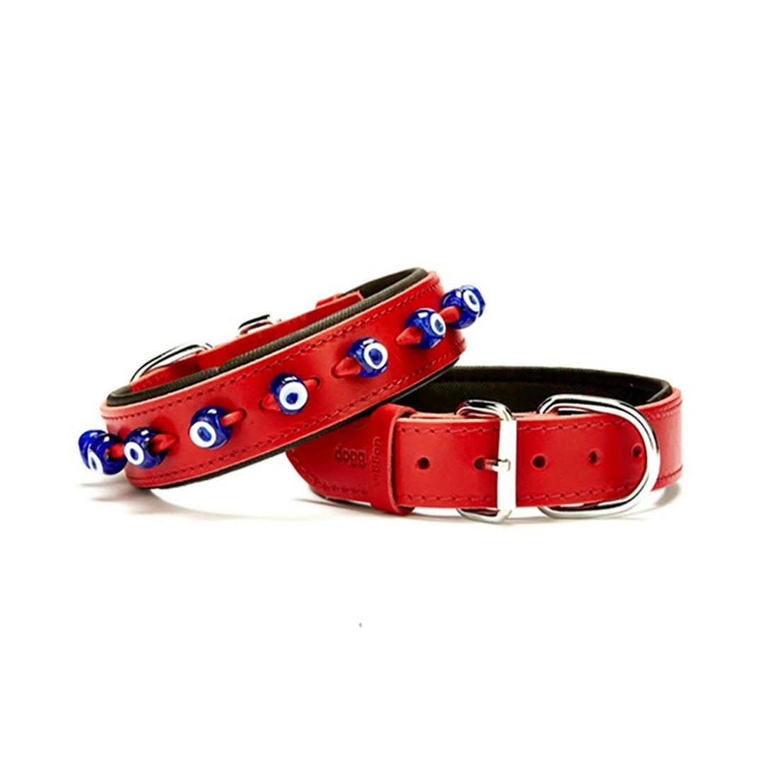 Doggie Comfortable Real Leather Handmade Evil Eye Beaded Red Dog Collar 3.5x47-55cm