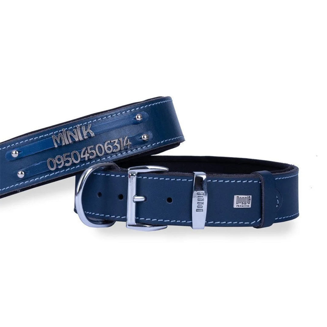 Doggie Comfort Leather Double Name Royal Blue Dog Collar M 3.5x47-55cm