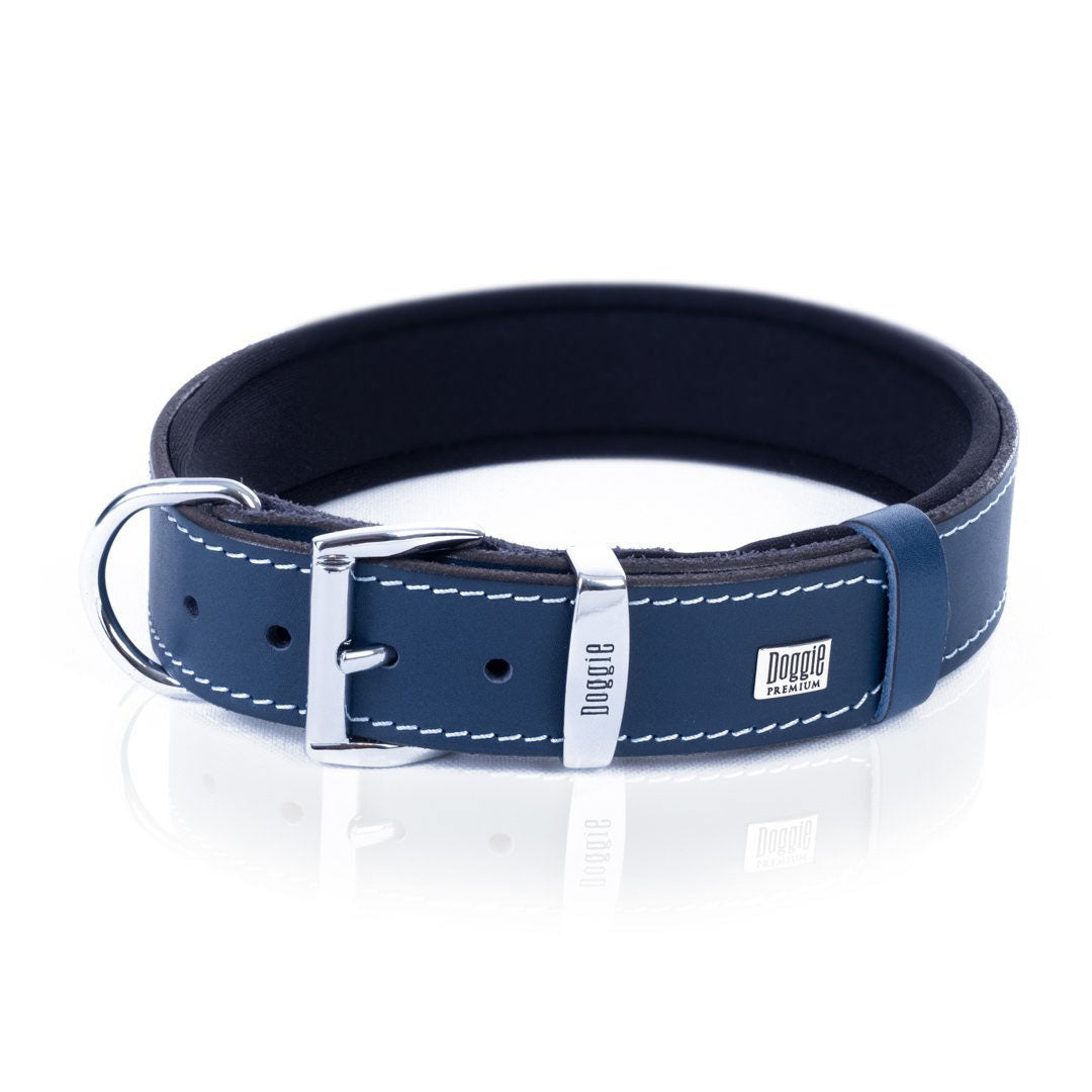 Doggie Comfort Leather Double Name Royal Blue Dog Collar 4×47-55cm