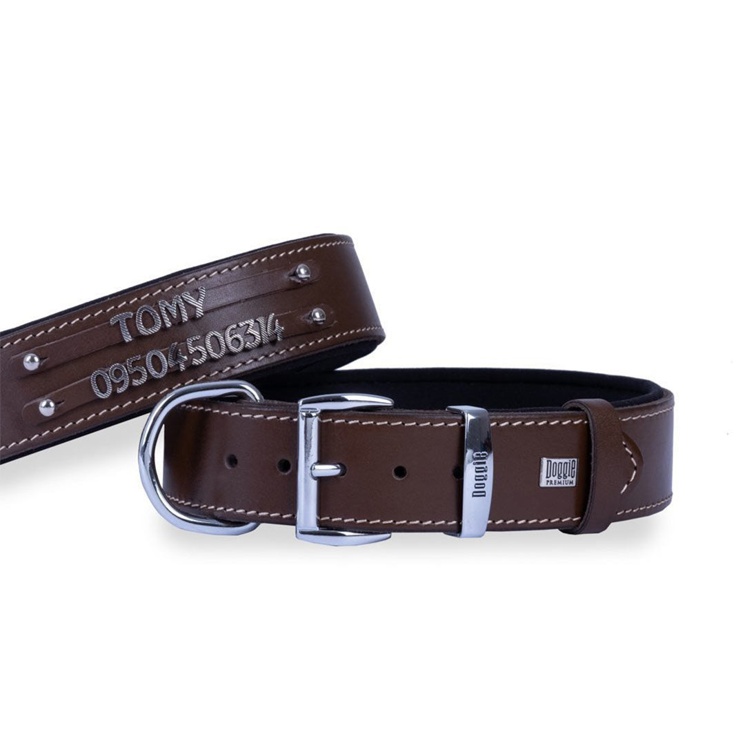 Doggie Comfort Leather Double Name Brown Dog Collar Medium 4×52-60 Cm