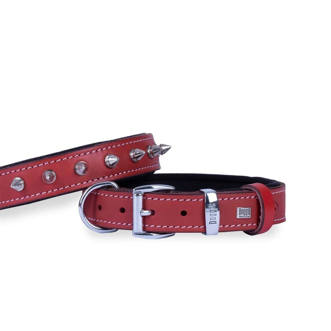Doggie Comfortable Real Leather Handmade Spiked Red Dog Collar Large 3.5x52-60 Cm