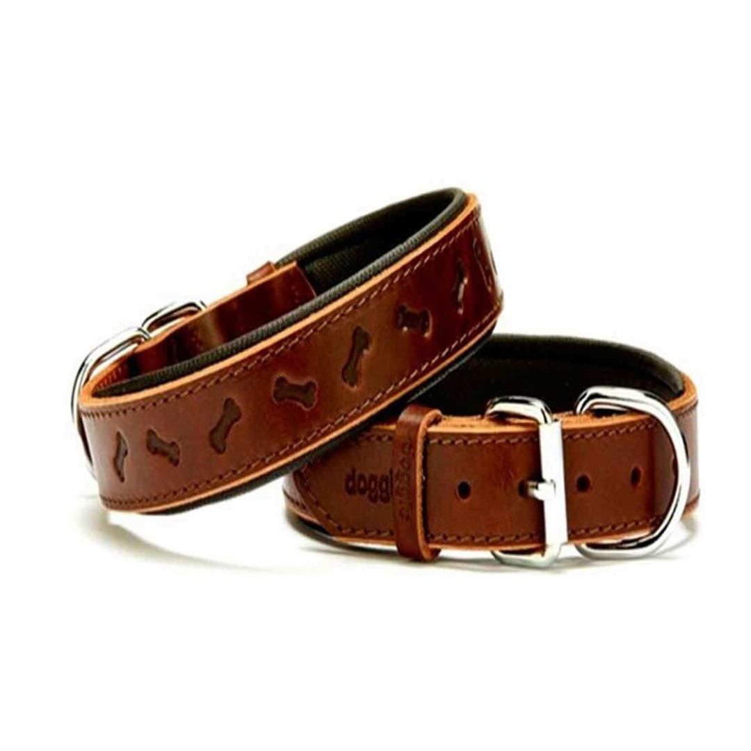 Doggie Comfortable Genuine Leather Handmade Bone Patterned Brown Dog Collar 3x42-50cm