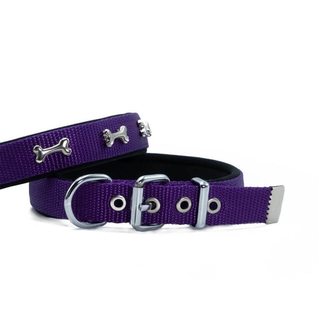 Doggie Konforlu Dokumadan El Yapımı Kemik Süslü Mor Köpek Boyun Tasması 3x42-50cm