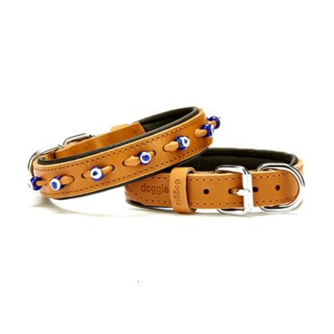 Doggie Comfortable Genuine Leather Handmade Evil Eye Beaded Camel Dog Collar 2.5x37-45cm