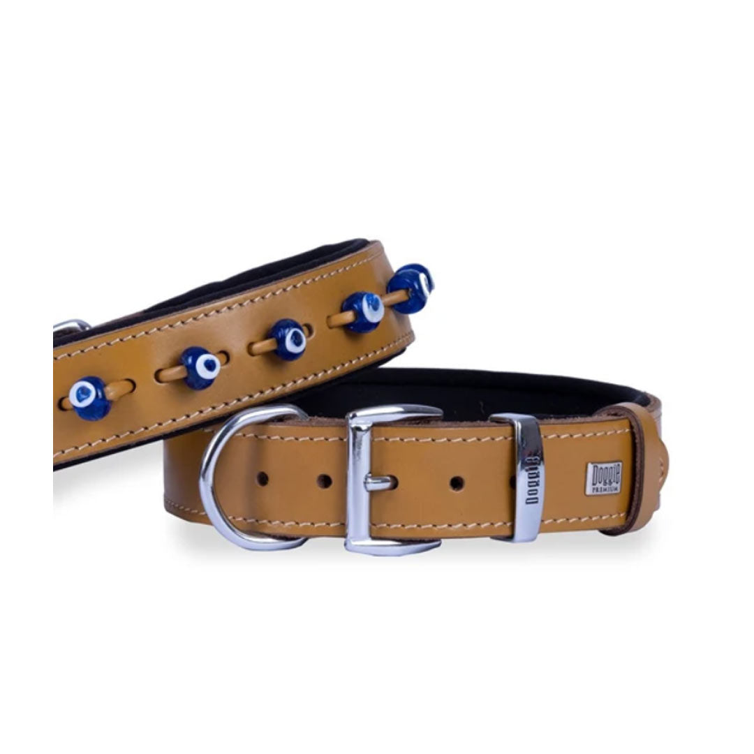 Doggie Konforlu Gerçek Deriden El Yapımı Nazar Boncuklu Kamel Köpek Boyun Tasması 3,5x52-60cm