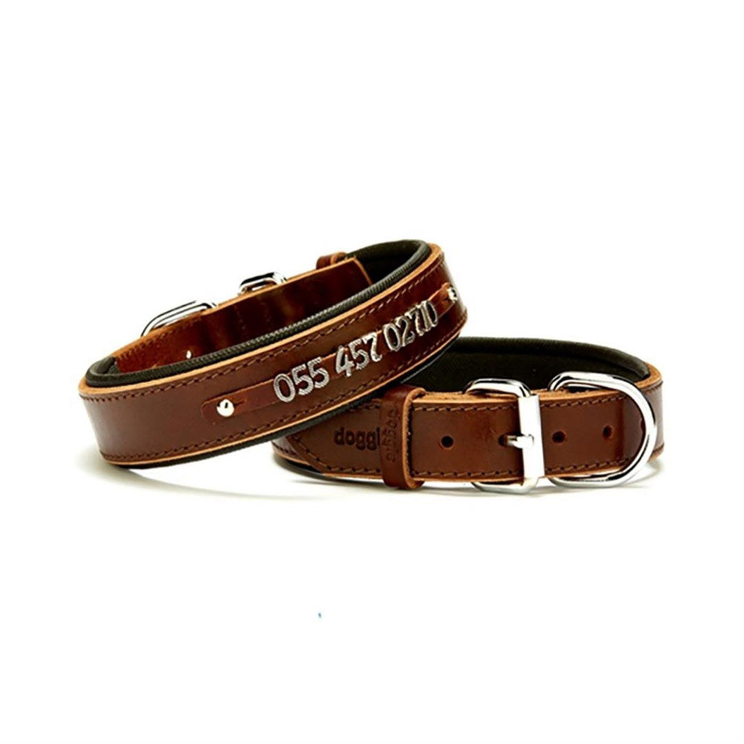 Doggie Konforlu Gerçek Deriden El Yapımı İsimlikli Kahverengi Köpek Boyun Tasması 3x42-50cm