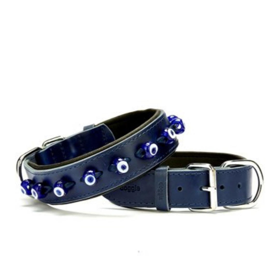 Doggie Comfortable Genuine Leather Handmade Evil Eye Beaded Royal Blue Dog Collar 4x47-55cm