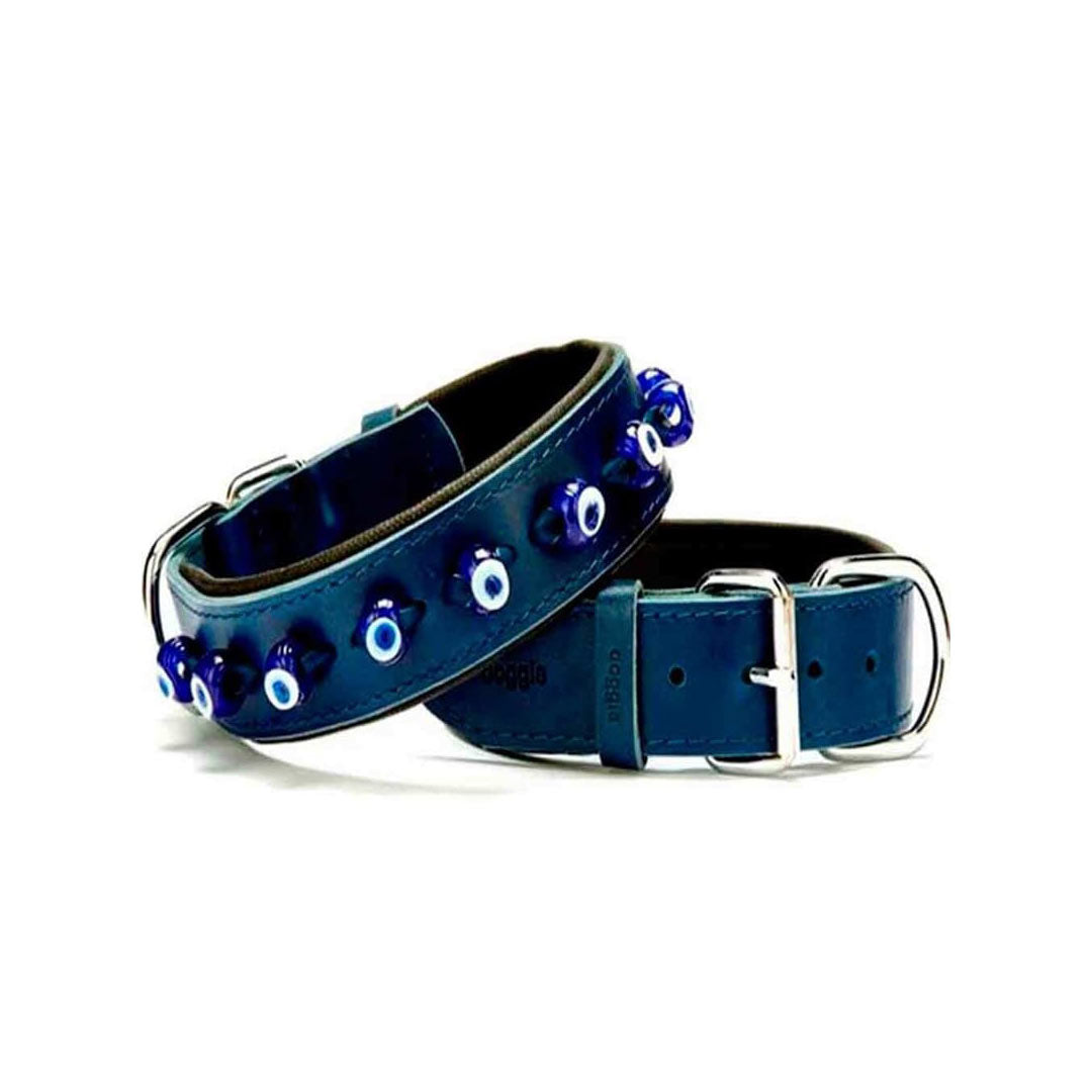 Doggie Konforlu Gerçek Deriden El Yapımı Nazar Boncuklu Royal Mavi Köpek Boyun Tasması 4x57-65 cm