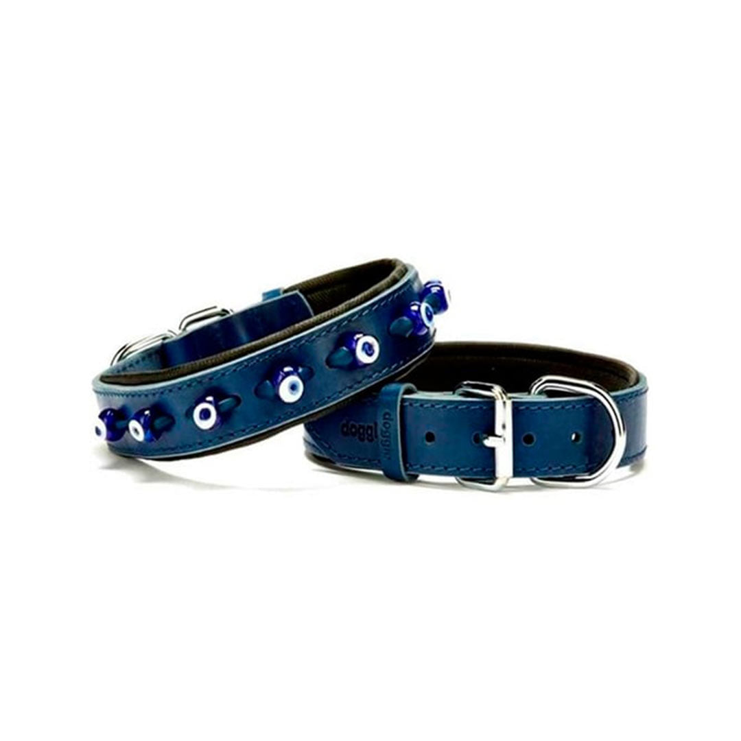 Doggie Comfortable Genuine Leather Handmade Evil Eye Beaded Royal Blue Dog Collar 4x52-60cm