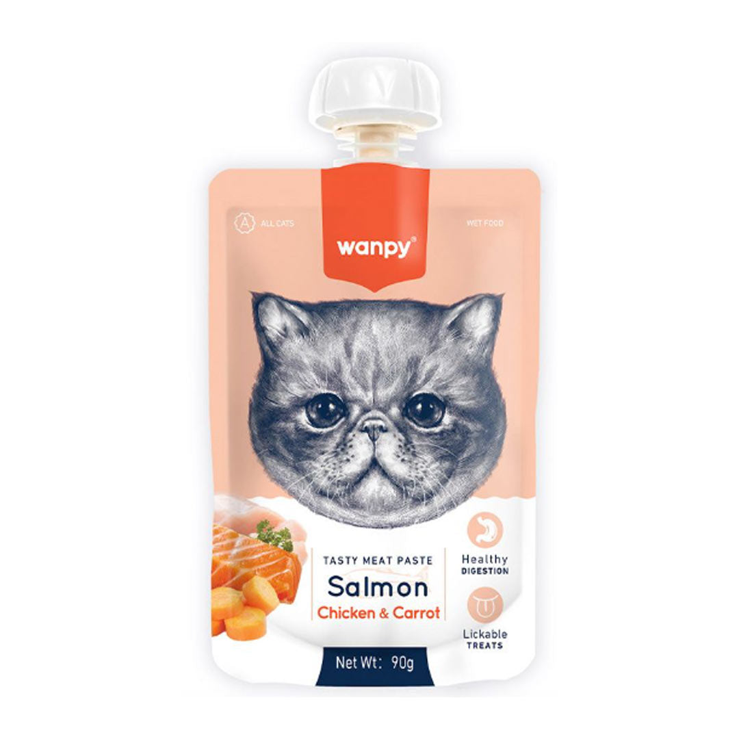 Wanpy Lezzetli Et Ezmesi Somonlu, Havuçlu Tavuklu Yalanabilir Kedi Ödülü 90gr