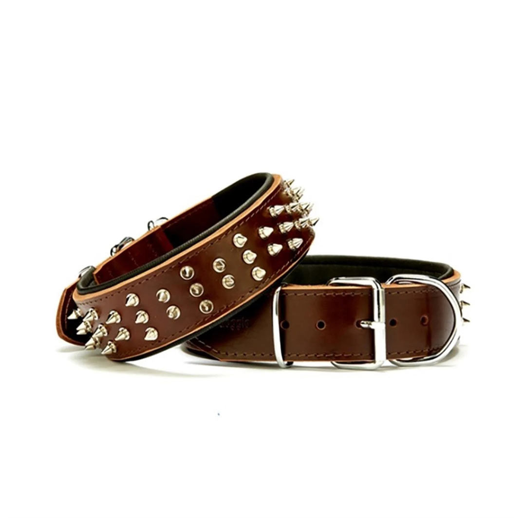 Doggie Çift Kat Gerçek Deriden El Yapımı Çivili Kahverengi Köpek Boyun Tasması 5x60-70cm