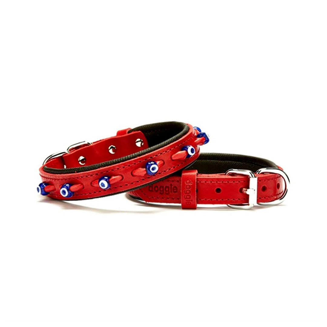 Doggie Comfortable Real Leather Handmade Evil Eye Beaded Red Dog Collar 2x30-35cm