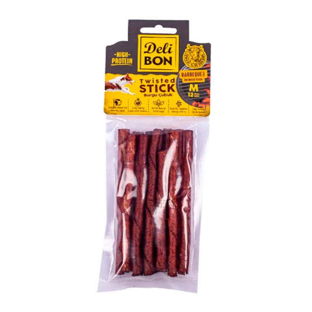 Delibon Barbekü Aromalı Deri Burgu Çubuk Orta Boy Kalın Köpek Ödülü 12 Adet