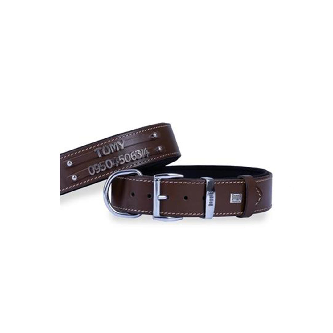 Doggie Comfort Leather Double Name Brown Dog Collar Medium 3.5x47 55 Cm