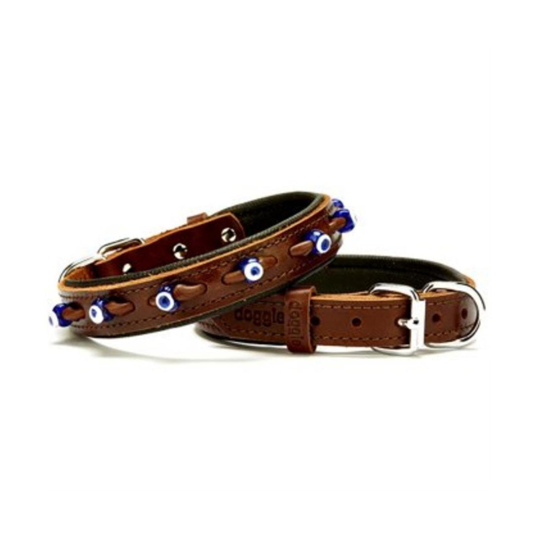 Doggie Konforlu Gerçek Deriden El Yapımı Nazar Boncuklu Kahverengi Köpek Boyun Tasması 2x35-40cm