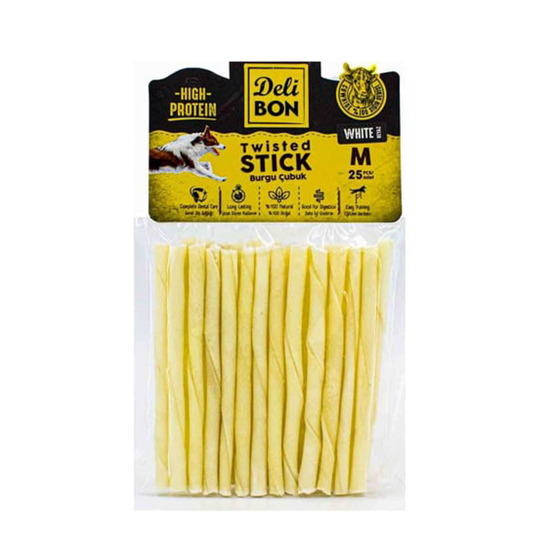 Delibon Beyaz Orta Boy Deri Burgu Çubuk Kemik Köpek Ödülü 25'li