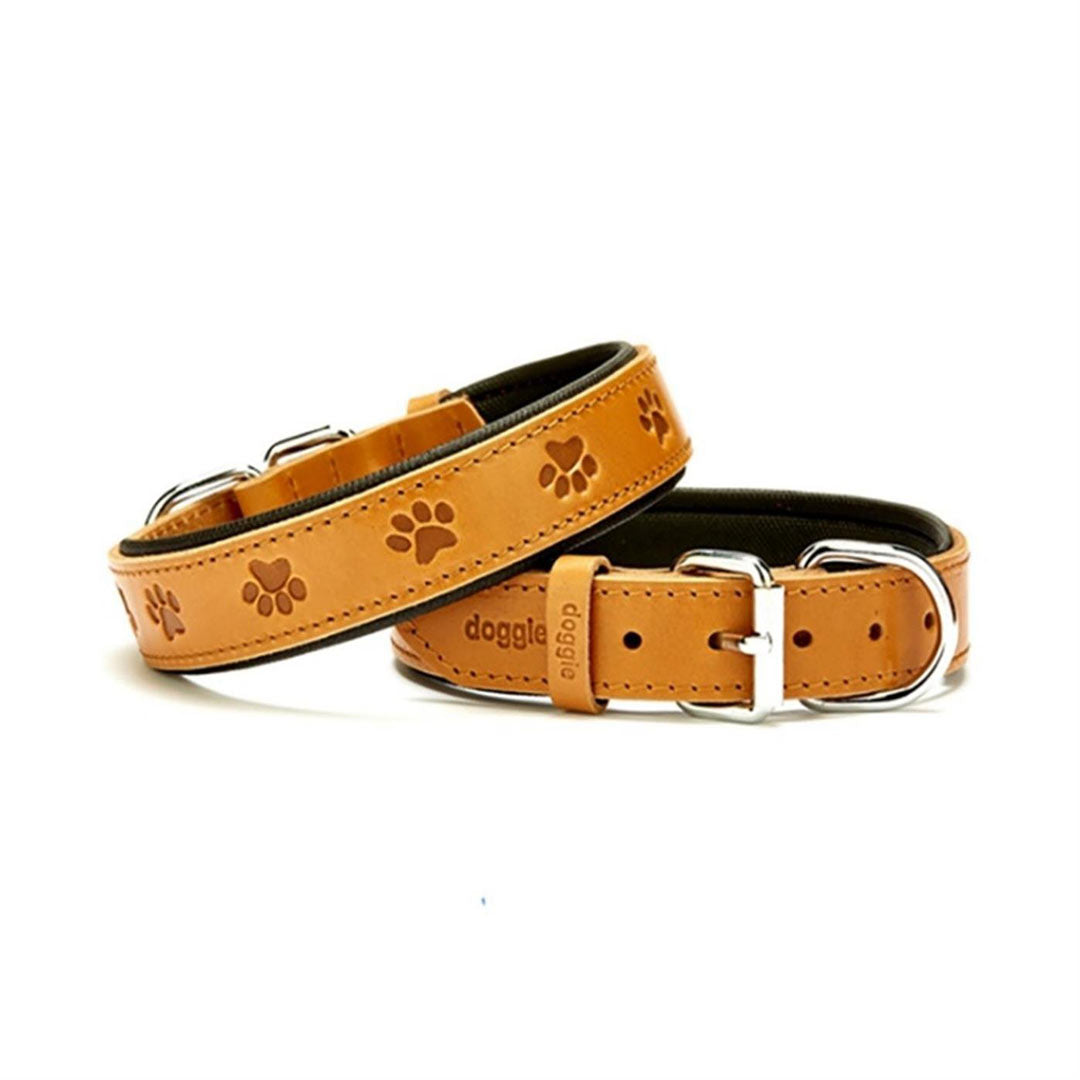 Doggie Comfortable Genuine Leather Handmade Paw Patterned Camel Dog Collar 3x42-50cm