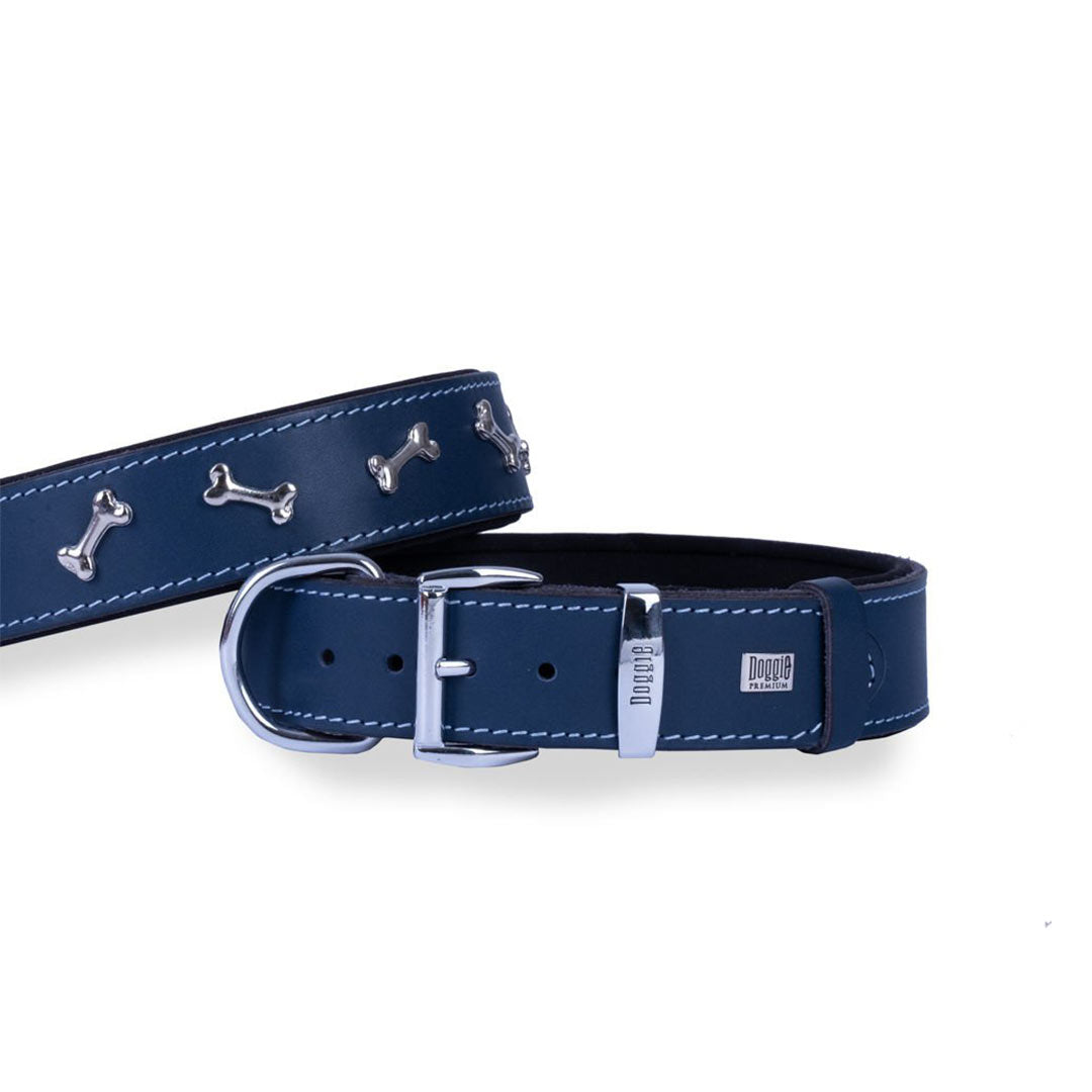 Doggie Konforlu Gerçek Deriden El Yapımı Kemik Süslü Royal Mavi Köpek Boyun Tasması 4x52-60cm