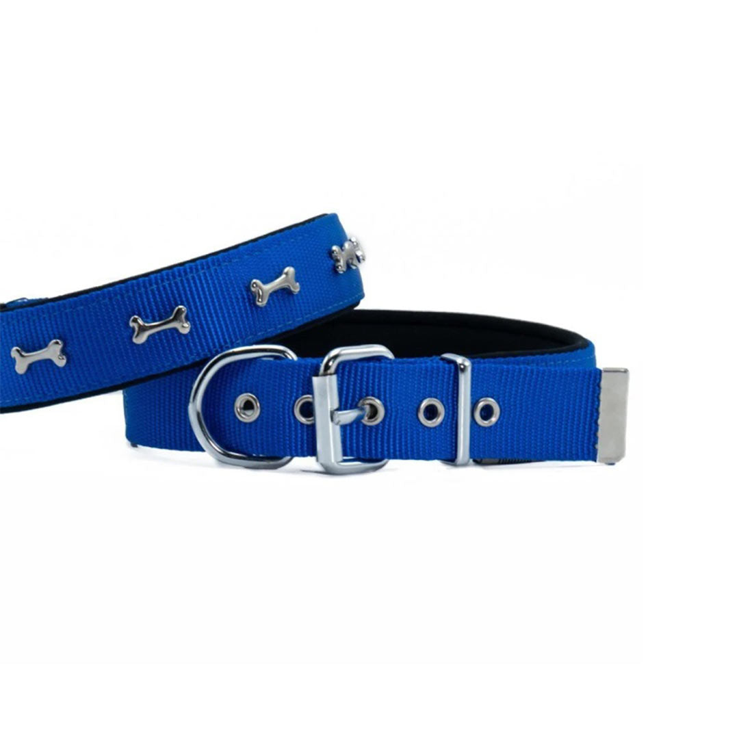 Doggie Konforlu Dokumadan El Yapımı Kemik Süslü Royal Mavi Köpek Boyun Tasması 3x42-50cm