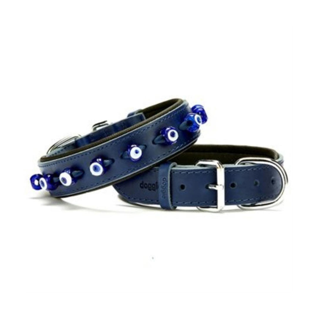 Doggie Comfortable Handmade Genuine Leather Evil Eye Beaded Blue Dog Collar 3.5x52-60cm