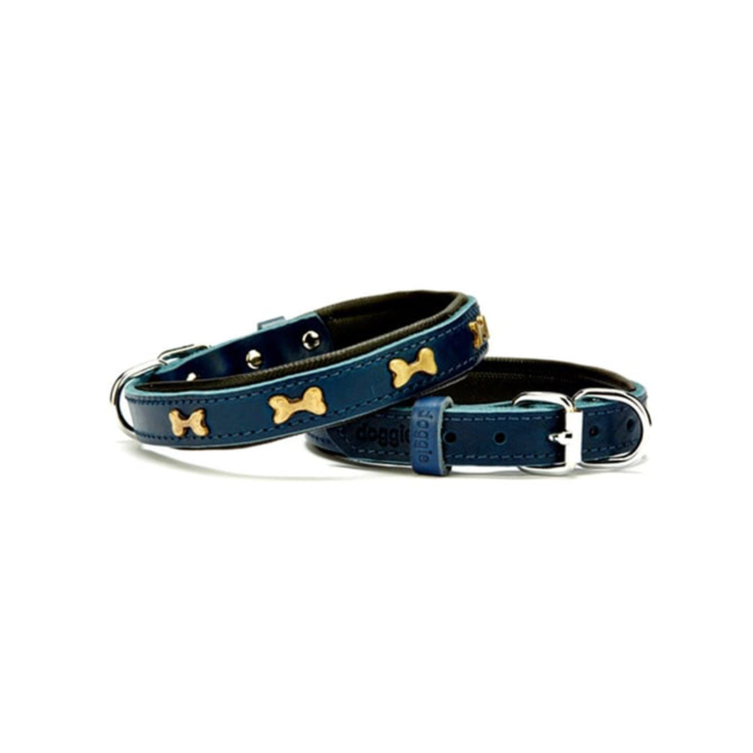 Doggie Konforlu Gerçek Deriden El Yapımı Kemik Süslü Royal Mavi Köpek Boyun Tasması 2,5x37-45cm