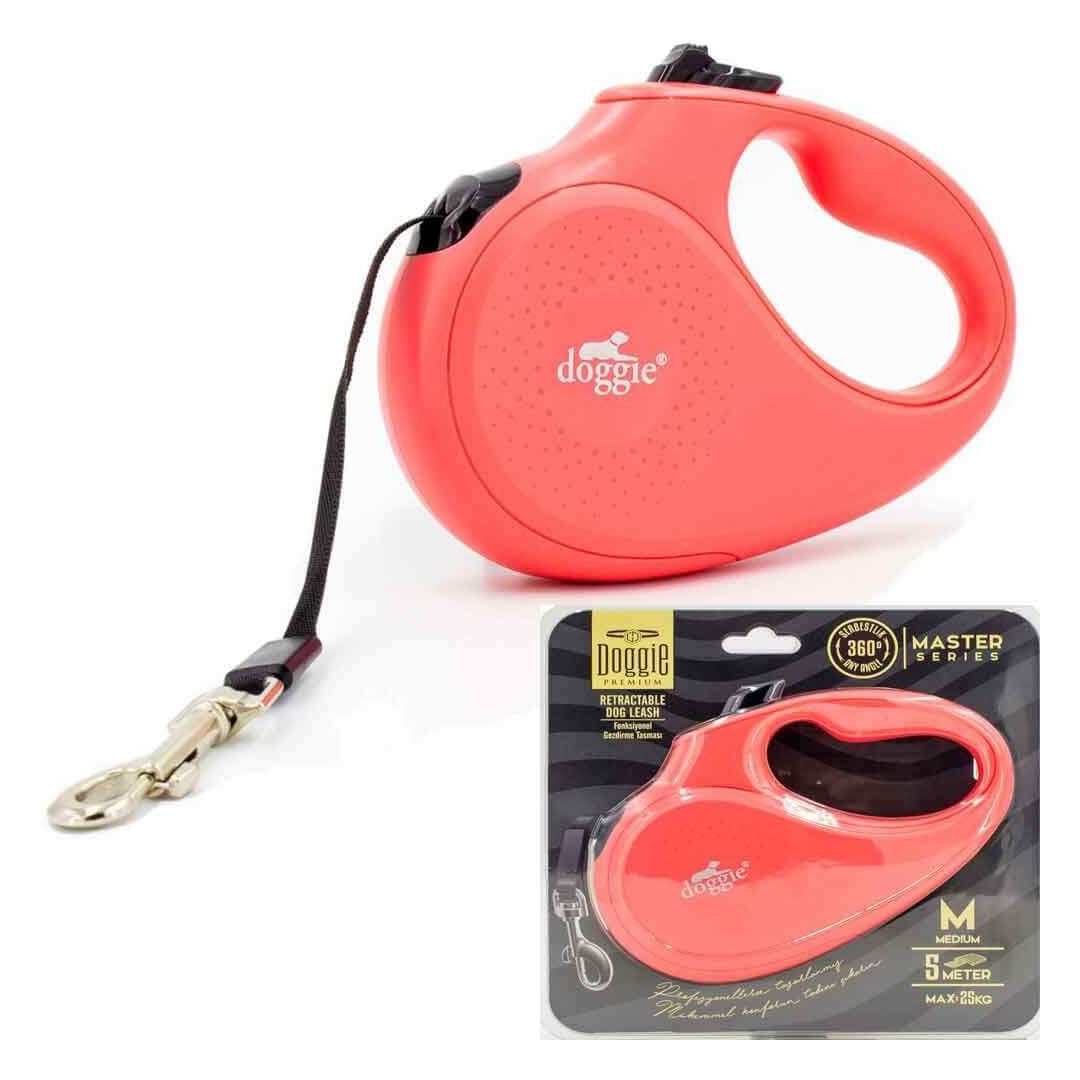 Doggie Master Serisi Otomatik Uzatma Pembe Köpek Tasması M-25kg-5mt