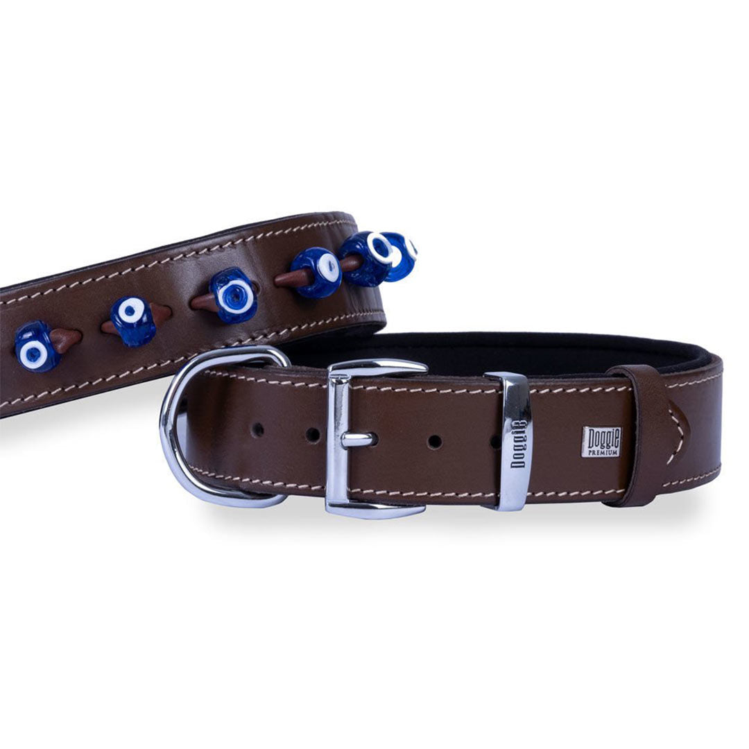 Doggie Comfort Leather Evil Eye Beaded Brown Dog Collar Small 4x47-55 Cm
