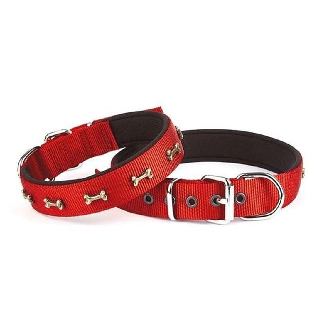 Doggie Konforlu Dokumadan El Yapımı Kemik Süslü Kirmizi Köpek Boyun Tasması 2,5x42-50cm