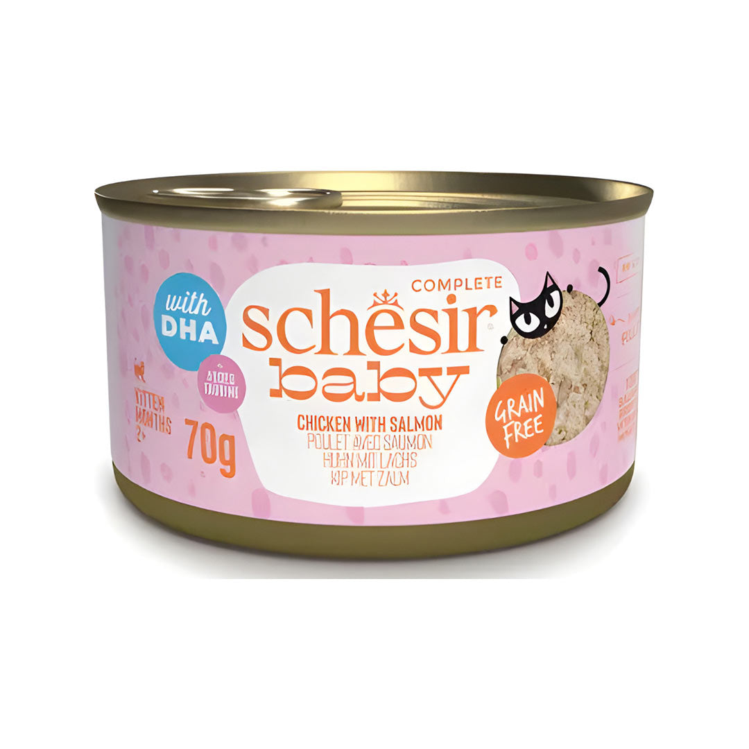 کنسرو بچه گربه بدون غلات Schesir Babycat با مرغ و ماهی قزل آلا 70 گرم