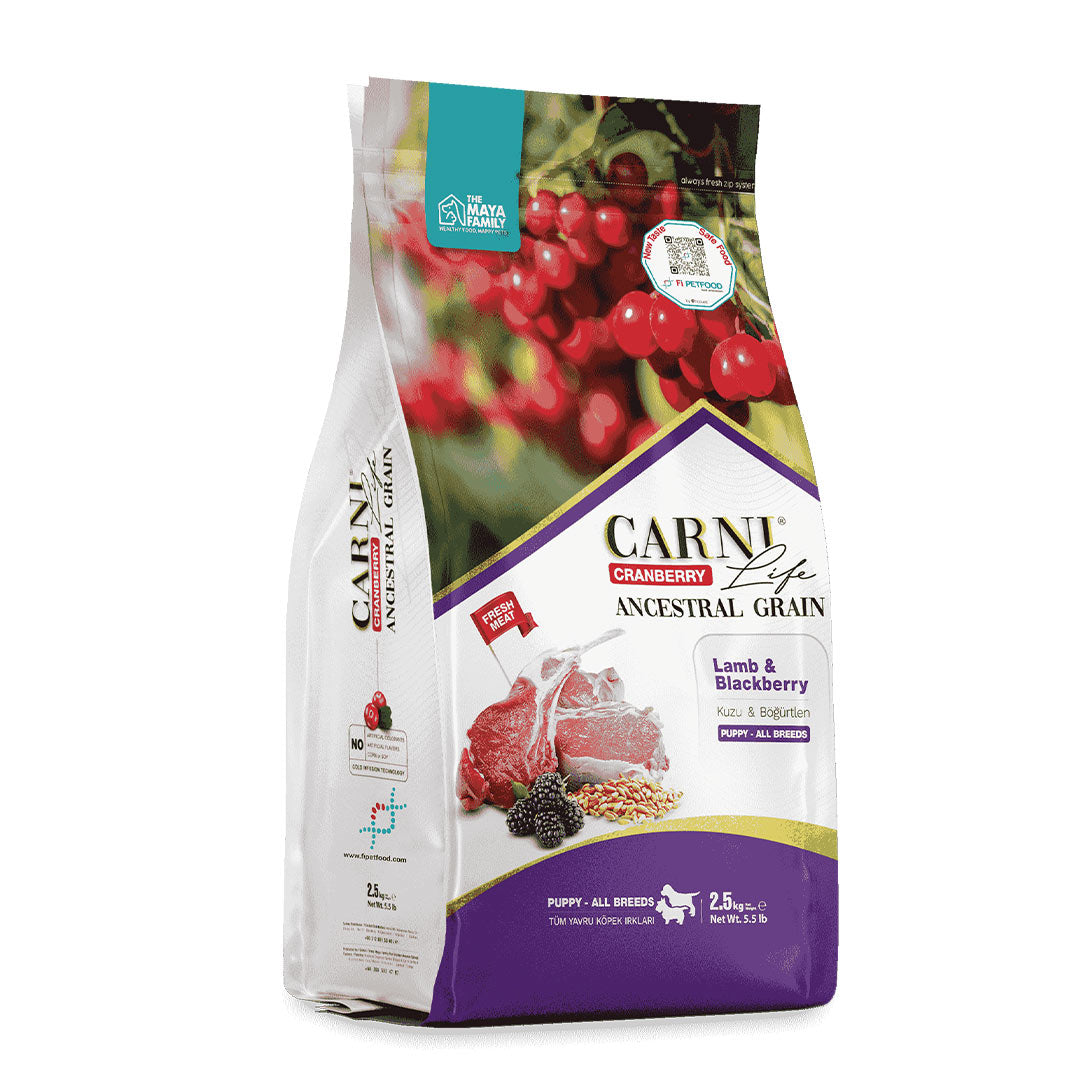 Carni Life Kızılcık, Kuzu Etli ve Böğürtlenli Tüm Irklara Özel Yavru Köpek Maması 2.5 Kg