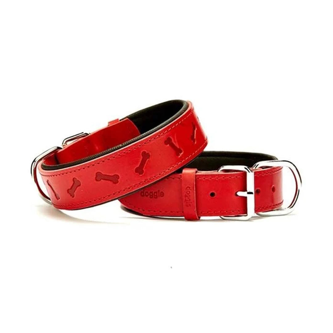 Doggie Comfortable چرم طبیعی دست ساز با طرح استخوان قرمز یقه سگ 3x42-50cm