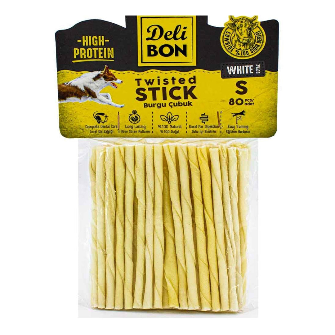 Delibon Deri Beyaz Burgu Çubuk İnce Boy Köpek Ödül Kemiği 80'li
