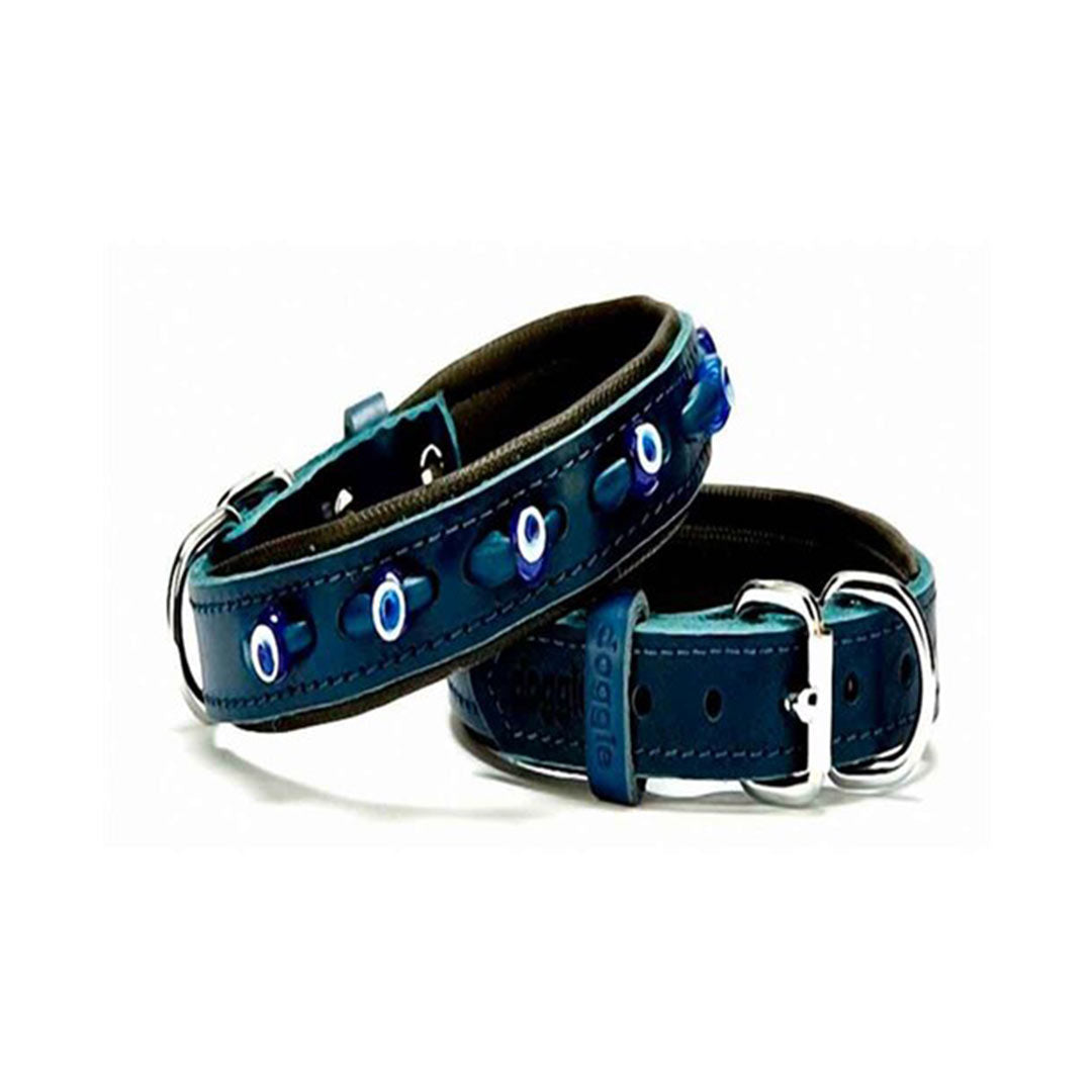 Doggie Comfortable Handmade Genuine Leather Evil Eye Beaded Royal Blue Dog Collar Size M 2x35-40cm