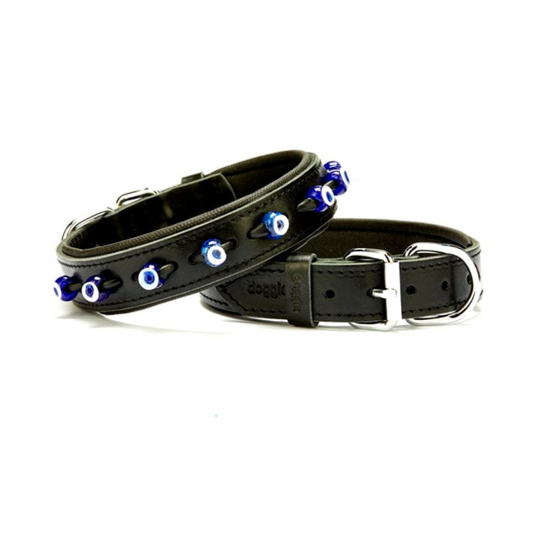 Doggie Comfortable Genuine Leather Handmade Evil Eye Beaded Black Dog Collar 3.5x47-55cm