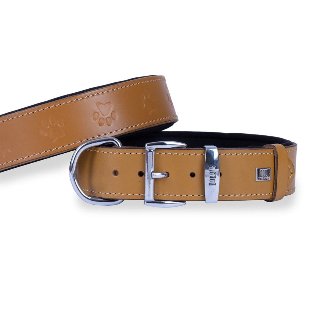 Doggie Konforlu Gerçek Deriden El Yapımı Pati Desenli Kamel Köpek Boyun Tasması 4x47-55cm